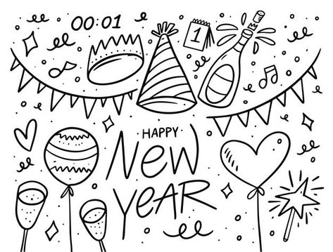 New Year Doodle Art, New Years Doodles, Happy New Year Doodle, January Doodles, New Years Illustration, New Year Doodles, Classroom Drawing, New Year Drawing, New Year Doodle