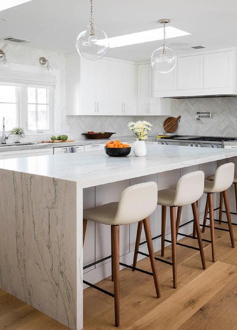 Marble Waterfall Island, White Kitchen Bar Stools, White Kitchen Counters, Marble Top Kitchen Island, Chairs For Kitchen Island, Waterfall Island, Grey Kitchen Island, White Marble Kitchen, Leather Kitchen