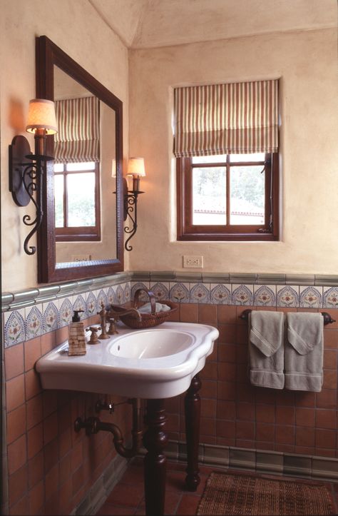 Mexican Bathroom Mirror, Colonial Revival Bathroom, Mexican Bathroom Ideas, Spanish Bathroom Ideas, Spanish Bathrooms, Mexican Style Bathroom, Talavera Bathroom, Bathroom Wainscoting, Spanish Bathroom