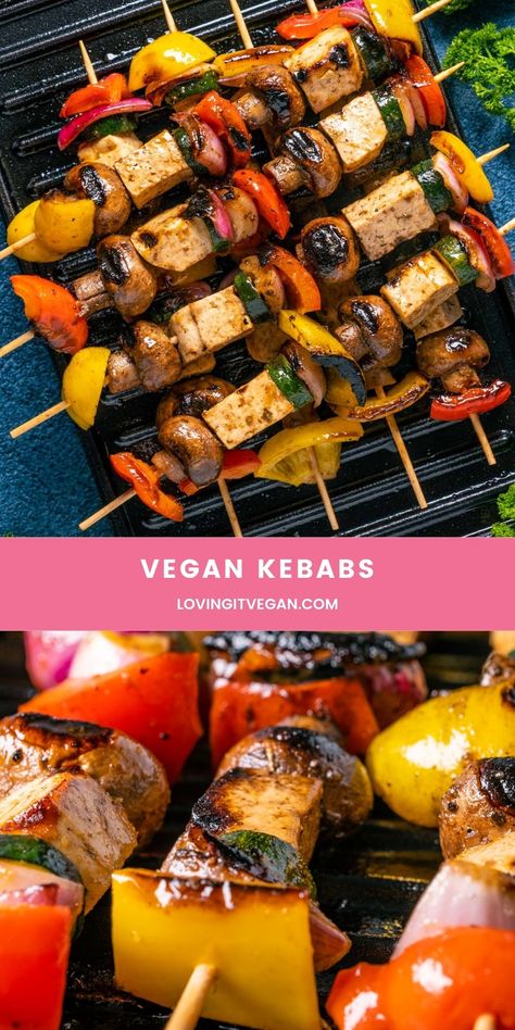 These delicious vegan kebabs are made with tofu and fresh veggies, marinated in a fabulous sauce and grilled to perfection. | lovingitvegan.com Tofu Kebab, Veggie Kebabs, Best Vegan Cheese, Plant Based Diet Meal Plan, Vegetarian Main Course, Kebabs On The Grill, Vegan Grilling, Marinated Tofu, Kabob Recipes