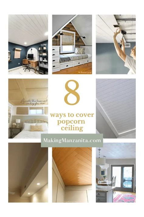 If you have heavily textured or popcorn ceilings, try covering them instead of removing them! You’ll have an updated look you can be proud of. Try one of these 8 creative ways to cover your popcorn ceilings. Remove Textured Ceiling, Cover A Popcorn Ceiling, Cover Popcorn Ceiling, Styrofoam Ceiling Tiles, Covering Popcorn Ceiling, Removing Popcorn Ceiling, Modern Ranch House, Installing Shiplap, Smooth Ceiling