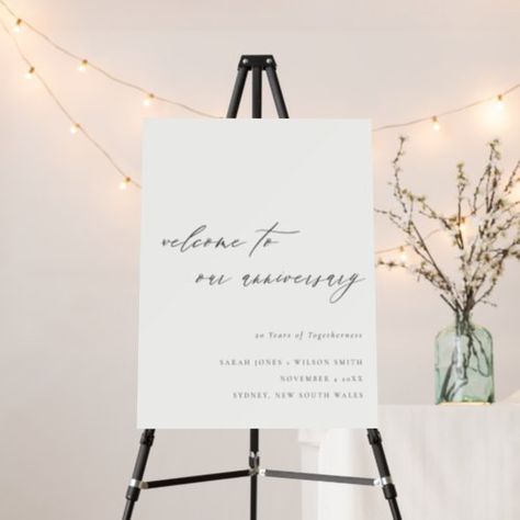 $44.8 | Script Black White Any Year Anniversary Welcome - whimsical english ivy boutique modern, elegant minimal simple script invite, black and white ivory lux, spring summer earthy kraft romantic, trendy neutral clean fresh timeless, urban chic country customize colors, vintage fall beautiful calligraphy plain, unique classy typography dreamy soft, formal classic text only designer, contemporary fall welcome sign board Fall Welcome Sign, Modern Graduation Party, Green Gold Weddings, Modern Birthday Party, White Baby Showers, White Bridal Shower, Modern Birthday, English Ivy, White Bar