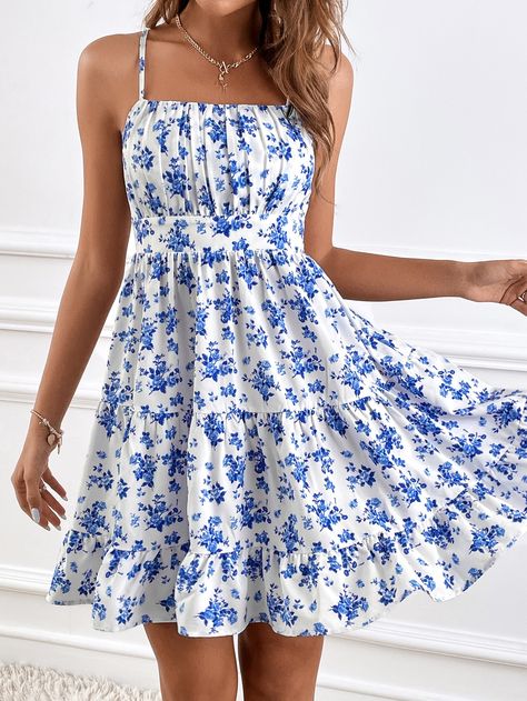 Blue Boho Collar Sleeveless Woven Fabric Floral,All Over Print Cami Embellished Non-Stretch  Women Dresses Sling Dress, Suspender Dress, Sleeveless Floral Dress, Floral Vintage, Floral Sleeveless, Sleeveless Mini Dress, Outfit Casual, Cami Dress, Types Of Skirts