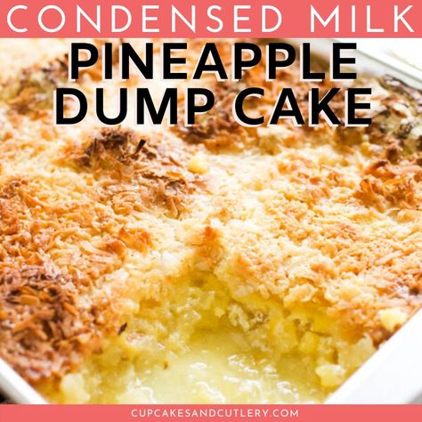 This easy Pineapple Dump Cake uses sweetened condensed milk to create an extra delicious cake mix crust on top! With a little butter and coconut, the fruity flavor on this easy dessert is one you'll crave! Looking for a quick treat idea that your family will love? This is it! #pineappledumpcake #dumpcake #condensedmilk #pineapplecoconut Orange Dump Cake Recipes, Lemon Pineapple Dump Cake, Strawberry Pineapple Cake, Orange Cake Mix Recipes, Dump Desserts, Orange Desserts, Work Desserts, Pineapple Dump Cake Recipe, Pineapple Dump Cake