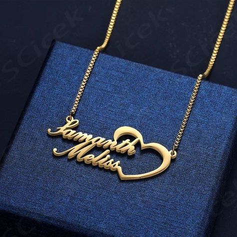 This adorable personalized necklace is the best gift for Valentine's day, wedding, anniversary or any occasion. You can engrave two names on this beautiful pendant. Material : Stainless Steel Pendant Size: 5*5CM (approximately) Chain style: Box 2mm Click Add a note to your order before checkout, to provide us the Two Names you want on the necklace with the font. The sample in the pictures is in Font  ... more Name Chains Necklace Gold Designs, Small Gold Necklace, Names Necklace, Gold Bracelet Simple, Locket Design, Gold Jewellry, Anklet Designs, Necklace With Heart, Jewelry Set Design