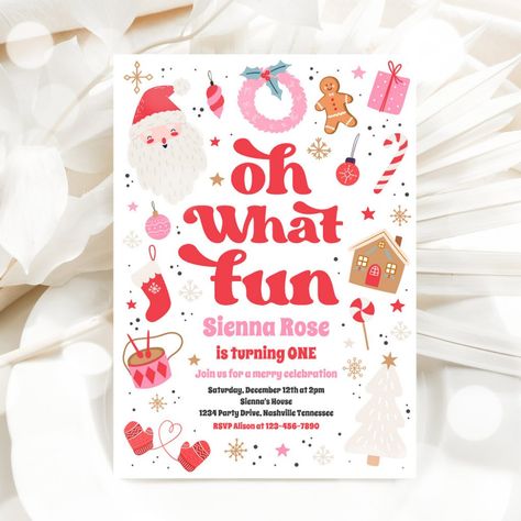 Oh What Fun Red And Pink Christmas Birthday Party Invitation Pink Christmas Invitation, Red And Pink Christmas, December Birthday Parties, Oh What Fun Christmas, First Birthday Winter, Christmas Birthday Invitations, 1st Birthday Themes, Oh What Fun, Invitation Suites