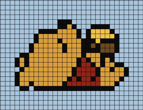 A pixel art template of Winnie the Pooh laying down, eyes closed (sleeping/napping) whilst holding a pot of honey. Winnie The Pooh Crochet Tapestry, Winnie The Pooh Bracelet Pattern, Winnie The Pooh Crochet Patterns Free Blanket, Cowboy Hat Pixel Art, Winnie The Pooh Alpha Pattern, Winnie The Pooh Perler Bead Patterns, Teddy Bear Pixel Art, Winnie The Pooh Perler Beads, Pooh Pixel Art