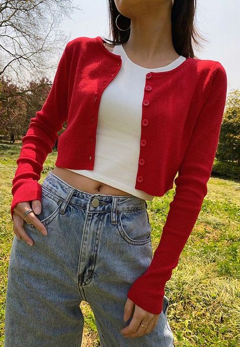 856fc81623da2150ba2210ba1b51d241desc35229248ri Red Outfit Korean, Red Outfits For Women, Pastel Outfit, Red Cardigan, Red Outfit, Outfit Goals, Outfits Casual, Aesthetic Fashion, Cute Casual Outfits