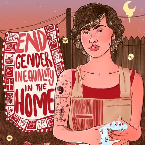 Caitlin Blunnie on Instagram: "💕🏠 Women and fems shouldn’t be expected to do all of the child care and housework on their own. Too often, we assume the responsibility of "invisible work," such as creating schedules, making doctors appointments and maintaining family ties. #WomensHistoryMonth - - digital illustration of a woman in her backyard hanging laundry. She has a red tank top dress with a beige cherry apron with red stripes. There’s text that reads, ‘end gender inequality in the home.’ - Inequalities Illustration, Gender Inequalities Illustration, Women Inequality, Hanging Laundry, Gender Inequality, Doctor Appointment, Womens History Month, Red Tank, Child Care