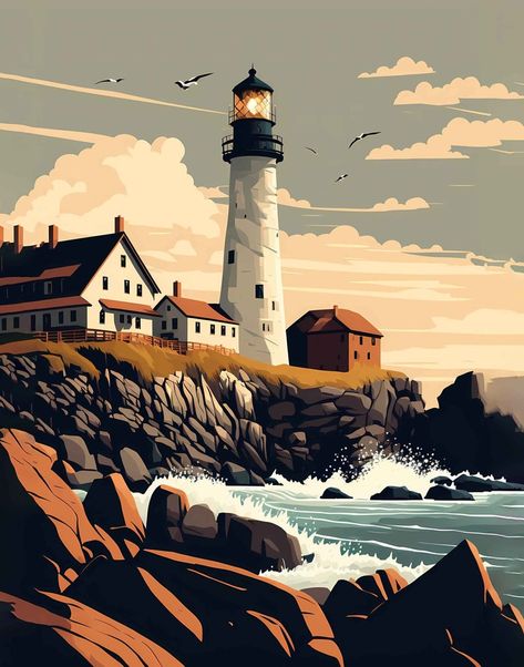 Maine Portland Lighthouse by the Sea Birds Illustration Wall - Etsy Maine Illustration, Lighthouse Nursery, Maine Portland, Lighthouse Illustration, Birds Illustration, London Painting, Maine Lighthouses, Crocheted Bags, Book Cover Illustration