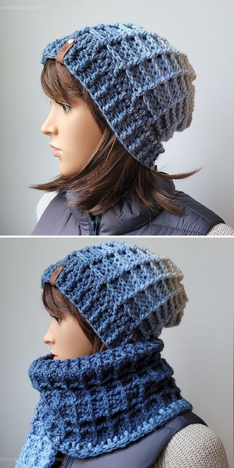 20+ Best Crochet Hat And Scarf Set Ideas. This lovely crochet hat in the pictures below is the first part of a set for even the coldest days! It has a matching scarf below this project, that's also made by 2021 Oombawka Design, Ltd. and  I must tell you, it works like a charm and looks so feminine and elegant! #freecrochetpattern #scarf #hat Crochet Hat And Scarf Set, Crochet Hat And Scarf, Bulky Yarn Crochet, Hat Free Crochet Pattern, Crochet Owl Hat, Crochet Garments, Beanie Hat Pattern, Hat And Scarf Set, Hat Patterns Free