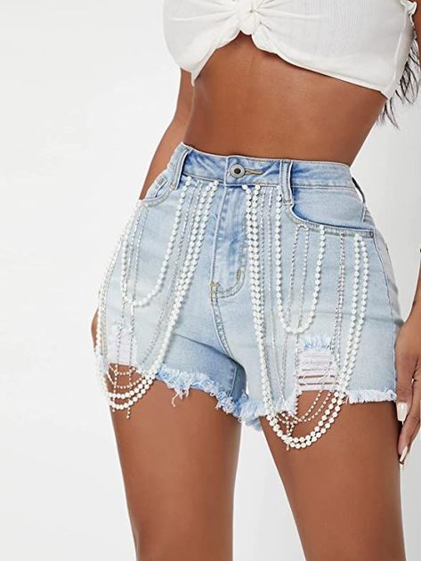 Verdusa Women's Rhinestone Pearl Beaded Frayed Raw Hem Denim Shorts Summer Shorts By Amazon, Amazon Summer Bottoms, Amazon Short Length Summer Bottoms, Amazon Summer Shorts, Crystal Clothes, Jeans With Pearls, Designed Outfits, Pearl Jeans, Bling Denim