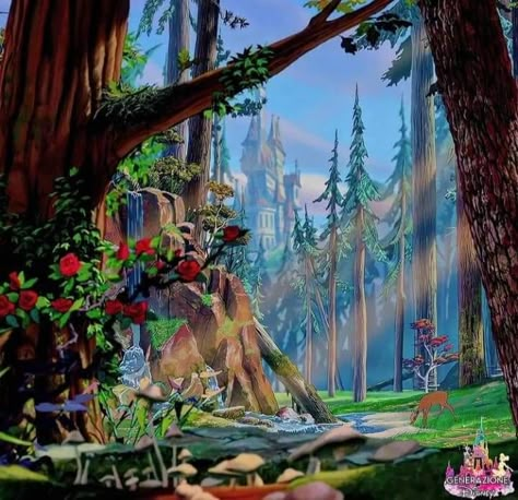 Beauty And The Beast Landscapes, Beauty And The Beast Opening Scene, Alice In Wonderland Landscape Art, Old Disney Landscape, Beauty And The Beast Forest, Disney Scenery Backgrounds, Cottagecore Disney, Disney Backdrop, Disney Forest