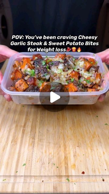 Sam Health in Focus on Instagram: "High Protein Cheesy Garlic Steak & Sweet Potato Bites??  This combo is absolutely incredible, flavor packed & SO easy to make!  Juicy steak bites paired with perfectly seasoned cheesy sweet potatoesf  Dropping this recipe TODAY! . . . . .   . . . . . #steak #beef #steaklover #potato #potatoes #fries #sweetpotato #mealprep #highprotein #healthymeals #easyrecipes #weightloss #fatloss #fitness #foodie" Steak Sweet Potato, Juicy Steak Bites, Sweet Potato Bites, Garlic Steak, Sweet Potatoe Bites, Potato Bites, Steak Bites, Juicy Steak, Sweet Potato Recipes