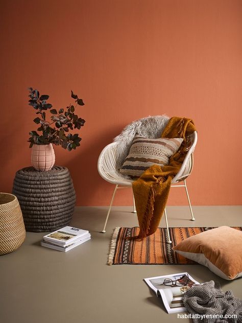 Fiery orange adds a touch of playfulness to your home! Rose Gold Metallic Paint, Orange Painted Walls, Terracotta Living Room, Office Feature Wall, Resene Colours, Deco Orange, Foyer Flooring, Small Chest Of Drawers, Bedroom Orange