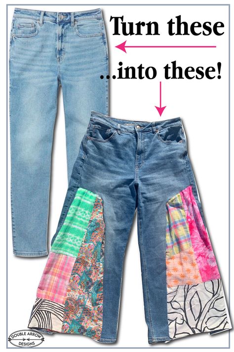 Jeans To Bell Bottoms Diy, Diy Barrel Jeans, Patchwork On Jeans, Jean Alterations, Patchwork Jeans Diy, Quilt Jeans, Diy Patchwork Jeans, Jeans Too Big, Repurposing Clothes