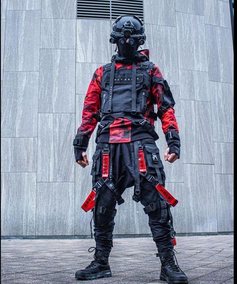 Red Cyberpunk Outfit, Techwear Reference, Red Techwear, Colorful Techwear, Techwear Hoodie, Apocalypse Fashion, Cyberpunk Outfit, Tech Wear Fashion, Techwear Outfits