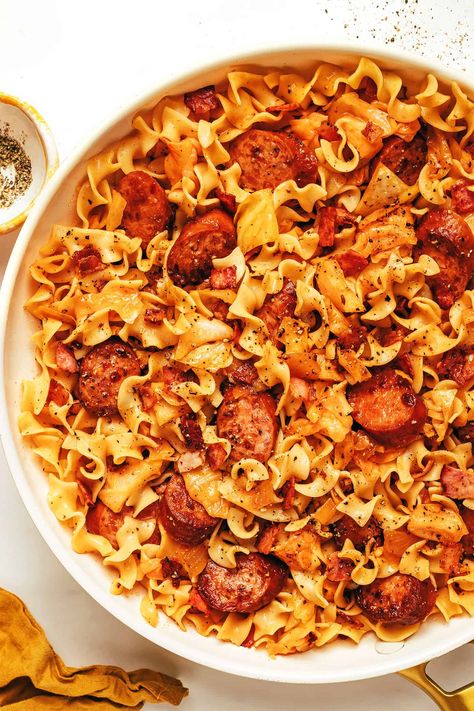 Kielbasa and Cabbage Noodles Cabbage Kielbasa, Sausage Noodles, Cabbage Noodles, Sausage And Cabbage, Kielbasa And Cabbage, Cabbage And Noodles, Paprika Sauce, Cabbage And Sausage, Gimme Some Oven