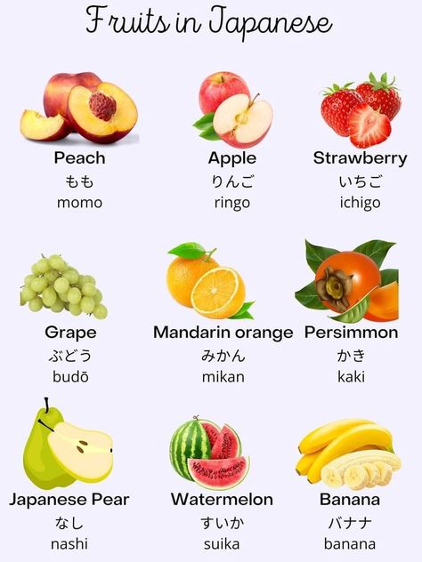 Japanese Food Names, Learn Basic Japanese, Bahasa Jepun, Basic Japanese, Fruit Names, Vegetable Illustration, Japanese Language Lessons, Japanese Quotes, Learning Japanese