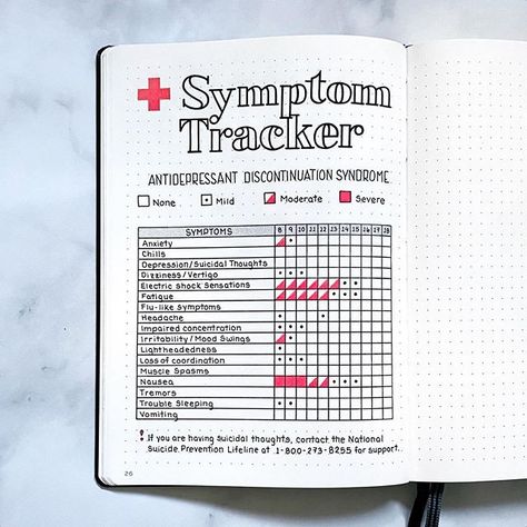 A Hayden on Instagram: “I’m almost back to feeling 100% better after weaning off my SSRI meds. I created this spread after experiencing many of the side effects.…” Symptom Journal, Bullet Journal Health, Symptom Tracker, Bullet Journal Ideas Templates, Creating A Bullet Journal, Bullet Journal Mood Tracker Ideas, Bulletin Journal Ideas, Bullet Journal Mood, Bullet Journal Notebook