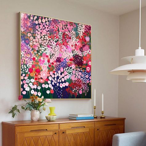 Abstract Framed Wall Art, Behind Couch Art, Canvas Painting Ideas For Living Room, Large Painting Ideas, Abstract Painting Flowers, Flower Landscape Painting, Abstract Art Flowers, Dry Painting, Floral Canvas Painting