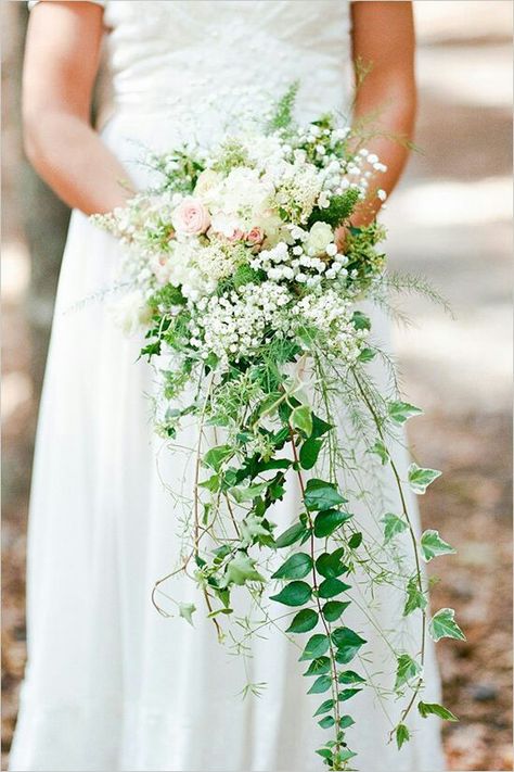 Cascading Bridal Bouquet: White & Pastel Pink Florals + Green Trailing Ivy & Additional Greenery/Foliage Bridal Bouquet Cascade, Bouquet Cascade, Vintage Bouquet Wedding, Cascading Bridal Bouquets, Cascading Wedding Bouquets, Babies Breath, Creative Wedding Ideas, Cascade Bouquet, Botanical Wedding