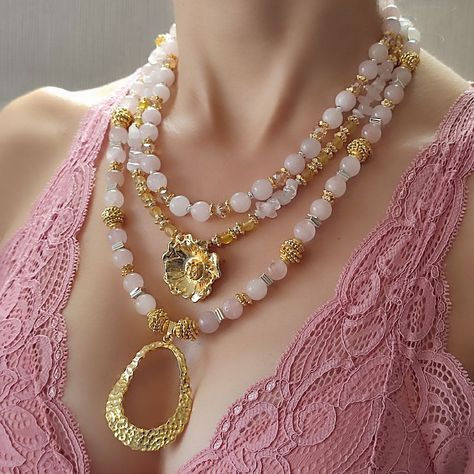 Beads Layered Necklace, Necklace Birthstone, Necklace Layered, Citrine Necklace, Hematite Beads, Necklace Beaded, Necklace Gemstone, Pink Quartz, Layered Necklace