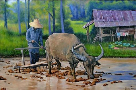 Farmer Painting, Buffalo Painting, Buffalo Art, Oil Colour, Filipino Art, Philippine Art, Rural Village, Farm Paintings, Indonesian Art