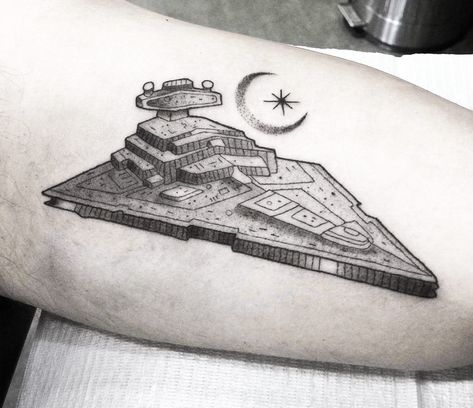 Star Destroyer tattoo by Arthur Coury | Photo 27741 Star Destroyer Drawing, Star Destroyer Tattoo, Destroyer Tattoo, Millennium Falcon Tattoo, Star Wars Star Destroyer, Chanel Nail Art, Falcon Tattoo, Drawing Tattoo, Ship Tattoo