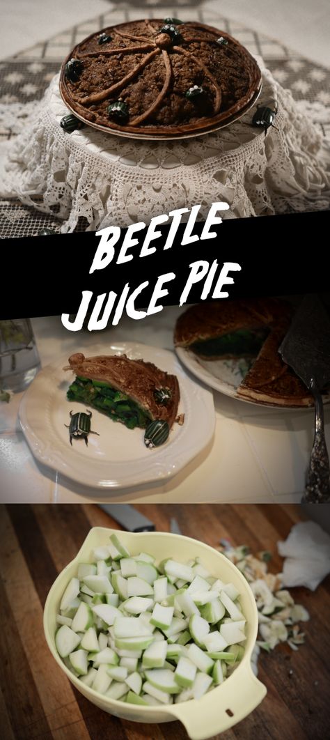 While this pie may look somewhat grotesque, it doesn't scrimp on its flavor. Halloween Pies Desserts, Creepy Dinner Ideas, Halloween Gore Food, Beetlejuice Inspired Food, Creepy Baking, Beetlejuice Snacks, Beetlejuice Dinner, Larp Crafts, Halloween Pie