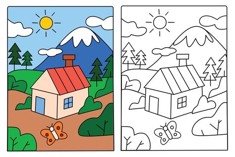 Scenery Coloring Pages, Landscape Drawing For Kids, Classroom Drawing, Nature Drawing For Kids, How To Draw Painting, House In The Countryside, Landscape Drawing Easy, House Drawing For Kids, Colouring Pages For Kids