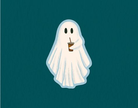 An illustrated sticker of a ghost with an iced coffee. High quality and die-cut! Ghost With Iced Coffee Tattoo, Ghost With Iced Coffee, Ghost Drinking Coffee Tattoo, Ghost With Coffee Tattoo, Ghost Moodboard, Iced Coffee Tattoo, Ghost With Coffee, Ghost Drinking Coffee, Ghost Illustration