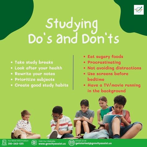 Maximize your study success with these essential Do's and Don'ts! 📚✨ Take breaks, prioritize subjects, and maintain healthy habits for effective learning. Avoid sugary snacks, procrastination, and distractions to stay on track. Let's make studying fun and productive! 🚀💡 #StudyTips #EffectiveLearning #HealthyHabits #TakeBreaks #Prioritize #StudySmart #RewriteNotes #NoProcrastination #StudyGoals #LearningSuccess #StudyMotivation #gravityassist #mentoring #tutoring Make Studying Fun, Study Success, Good Study Habits, Avoid Distractions, Study Break, Study Smarter, Effective Learning, Study Habits, Stay On Track