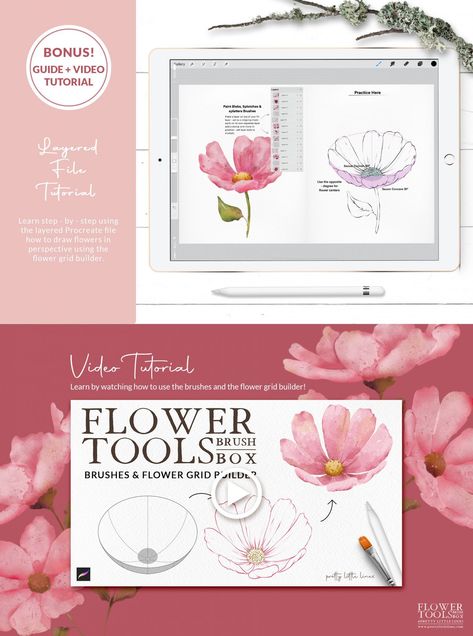 Flower Tools Brush Box Procreate Watercolor Flowers Tutorial, Learn To Draw Flowers, Make Drawing, Watercolor Stamps, Bouquet Tutorial, Brushes Procreate, Procreate Brushes Free, Flower Drawing Design, Drawing Flowers