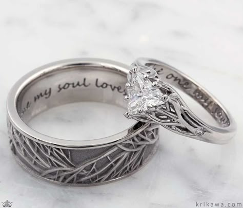 The tree of life is connected and free, with roots patiently drawn into rich earth. Its branches and leaves, once arranged by a tiny dropped seed, give life to all living things. Your love is unique, compassionate and wholesome. Design your own set in the style, metals and stones you want! Unique Wedding Rings Cheap, Tree Engagement Ring, Matching Engagement Rings, Lesbian Engagement Ring, Womens Wedding Rings, His And Hers Wedding Rings, Earth Ring, His And Her Wedding Rings, Wedding Rings Sets His And Hers