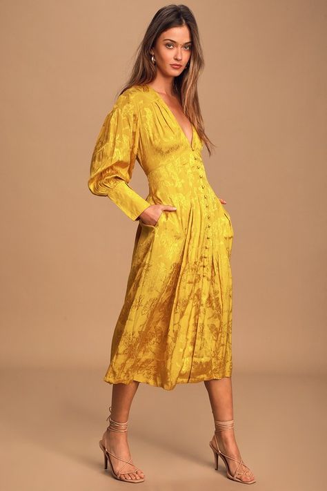 Yellow Midi Dress - Button-Up Midi Dress - Floral Jacquard Dress #ad #Dress, #AD, #Midi, #Yellow, #Jacquard Dresses Lulus, Golden Dress, Yellow Midi Dress, Pleated Bodice, Floral Jacquard, Jacquard Dress, Necklines For Dresses, Lulu Dresses, Online Dress Shopping