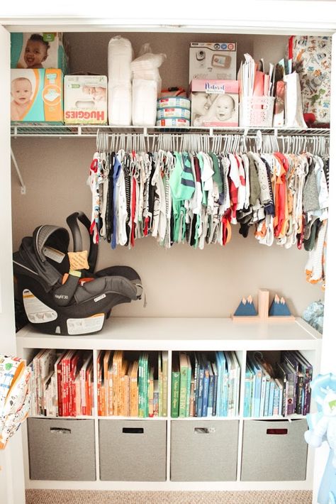 Inspiration for organizing a baby nursery and closet. How to organize books, clothes, gear, diapers, and more! Nursery Closet Organization With Sliding Doors, Best Nursery Organization, Closet Organizer Nursery, Over The Dresser Shelf, Newborn Closet Ideas, Closet Organization For Nursery, Closet Organization Ideas Nursery, Nursery Closet Organization Walk In, Nursery Open Closet Ideas