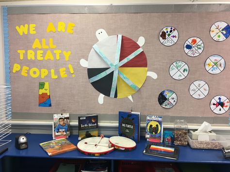 We are all treaty people. Teaching treaty ed in the classroom. #turtleisland #treatyeducation #wearealltreatypeople #sask #treaty #treaty4 #bulletinboard Indigenous Bulletin Board, Indigenous Bulletin Board Ideas, Indigenous Classroom Decor, Treaty Of Waitangi, Indigenous Education, Big Turtle, Turtle Island, Native Crafts, Indigenous Peoples Day