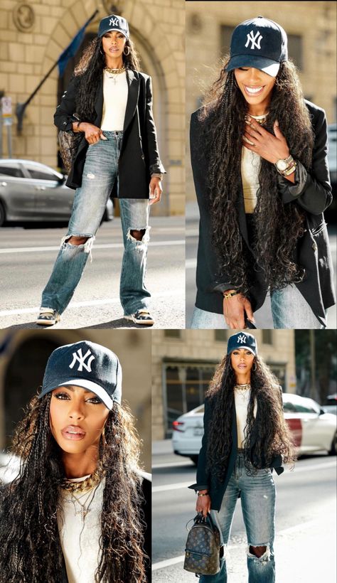 Jeans And Cap Outfit, Sheer Robe Outfit, Blazer With Cap Outfit, Baseball Cap And Blazer Outfit, Women’s Street Fashion 2023, Baseball Hat With Blazer Outfit, Blazer Fall Outfits For Women, Outfit Ideas Cold Spring, Khaki And Denim Outfit