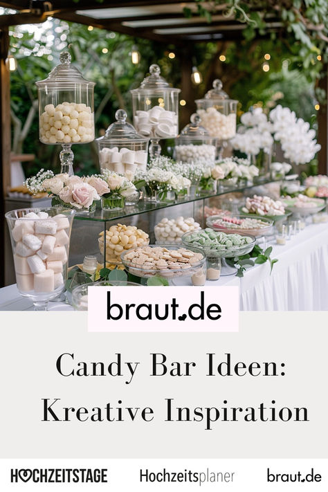 Selber machen Candy Bar Ideen: Kreative Inspiration Eine Candy Bar ist ein Highlight auf jeder Hochzeit. Sie bietet nicht nur süße Leckereien, sondern ist auch ein echter Hingucker. Gier zeigen wir euch, wie ihr eine atemberaubende und leckere Candy Bar selbst gestalten könnt, die eure Gäste begeistern wird. White Wedding Candy Bar, Candy Bar Design, Candy Station Ideas, Candy Bar Wedding, Pastel Wedding, Wedding Candy, Wedding Idea, Wedding Bar, Bar Design