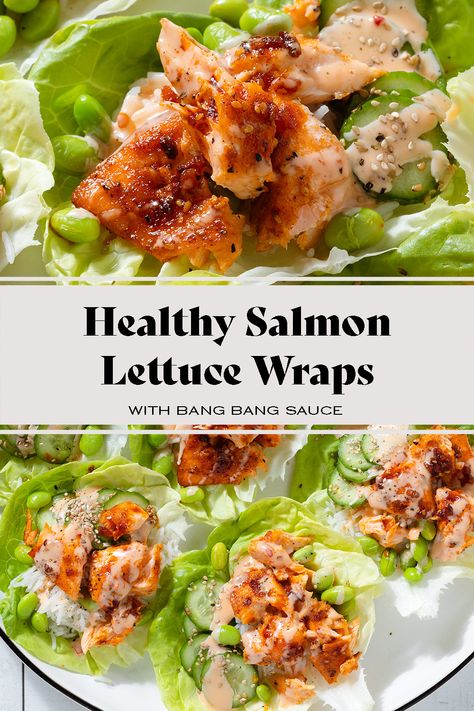 These Salmon Lettuce Wraps are the perfect lunch or light dinner to make in the spring and summer! Lettuce boats instead of tortillas topped with fluffy rice, tangy cucumber salad, edamame beans, and roasted salmon drizzled with delicious sweet and spicy bang bang sauce. Salmon Lettuce Cups, Smoked Salmon Lettuce Wraps, Salmon Lettuce Boats, Lettuce Boat Recipes, Salmon Lettuce Wraps, Salmon Pesto Pasta, Pescatarian Dishes, Pesto Tortellini Salad, Salmon Pesto