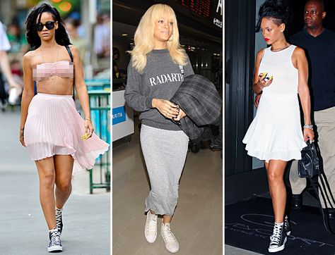 Rihanna Loves Wearing Skirts With Converse Sneakers | MTV Style Skirts With Converse, Rihanna Casual, Rihanna Love, Converse Outfit, Converse Low, Converse Low Tops, Rihanna Style, Converse Style, Skirt And Sneakers