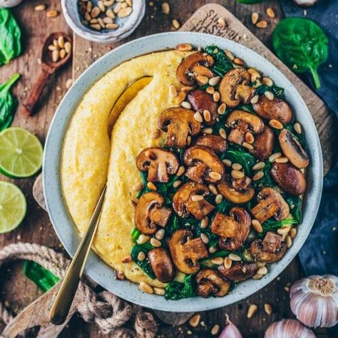 Polenta With Mushrooms, Vegan Polenta, Mushroom Polenta, Mushrooms And Spinach, Polenta Recipes, Food Recipes Vegetarian, Vegan Parmesan Cheese, Gluten Free Lunch, Vegan Parmesan