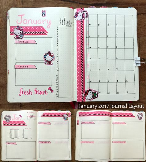 Hello Kitty Journal Page, Hello Kitty Journal Ideas, Sanrio Journal, Hello Kitty Planner, Hello Kitty Journal, Hello Kitty School, Mini Journals, Kitty Theme, Bullet Journal Month