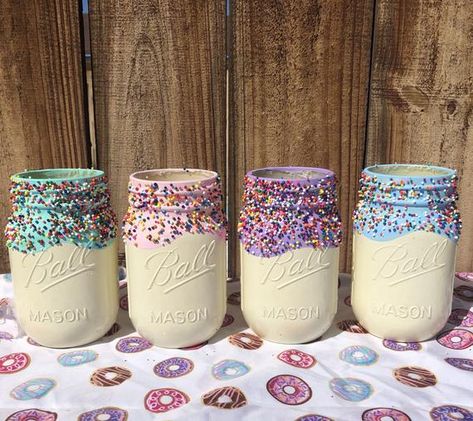 Ice Cream Mason Jars, Donut Party Decorations, Donut Theme Party, Ice Cream Party Theme, Donut Themed Birthday Party, Grown Up Parties, Birthday Donuts, Donut Decorations, Donut Birthday Parties