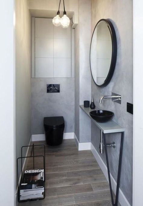 22 Examples Of Minimal Interior Design / Klein Toilet, Modern Floor Tiles, Interior Design Examples, Toilette Design, Bathroom Design Black, Minimal Interior Design, Black Toilet, Guest Toilet, Bad Inspiration