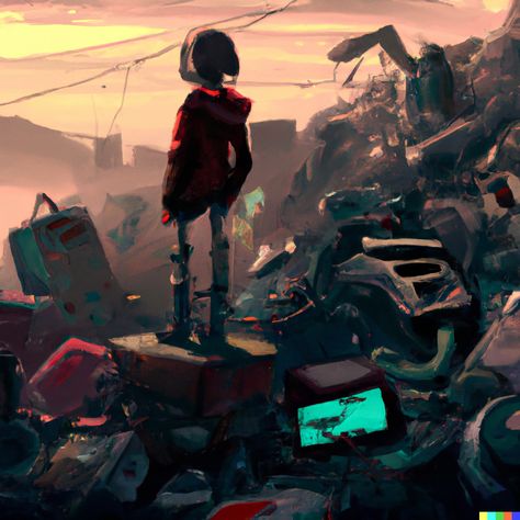 “a robotic boy stranded on an abandoned planet full of garbage post-apocalyptic cyberpunk digital art” #dalle Trash City Concept Art, Abandoned Robot Concept Art, Robot Apocalypse Aesthetic, Post Apocalyptic Pixel Art, Wasteland Cyberpunk, Dystopian Moodboard, Dystopian Concept Art, Robotic Apocalypse, Apocalyptic Illustration