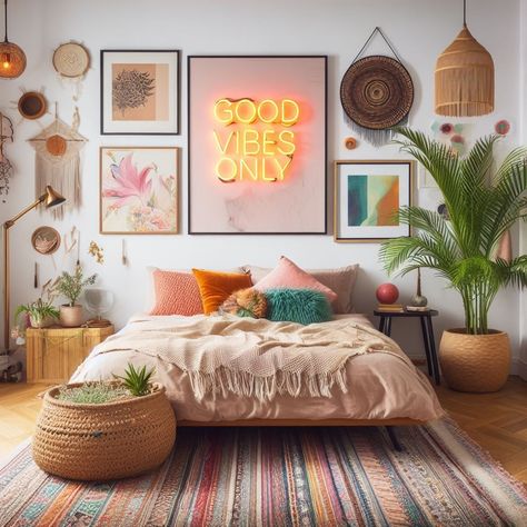 Bedroom Ideas Colorful Aesthetic, Maximalist Bedroom Design, 1 Bhk Decor Ideas, Colorful Bedroom With White Walls, Bright Room Colors Bedrooms, Earthy Colorful Bedroom, Modern Womens Bedroom, Appartment Decor Ideas Cozy, Boho Room Colorful