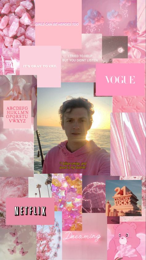 Pink aesthetic w/ Tom Holland Tom Holland Pink Aesthetic, Tom Holland Wallpaper Collage, Tom Holland Aesthetic Wallpaper Iphone, Marvel Wall, Tom Holland Imagines, Tom Holland Peter Parker, Iconic Wallpaper, Avengers Wallpaper, Pink Photo