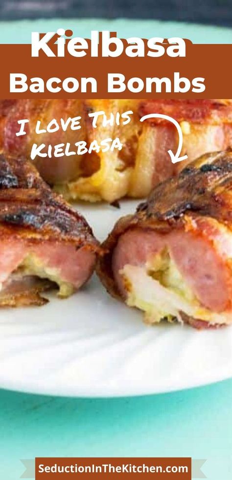 Quick Chocolate Mousse, Bacon Wrapped Kielbasa Bites, Bacon Wrapped Kielbasa, Kielbasa Appetizer, Meaty Appetizers, Grilled Kielbasa, Kabasa Recipes, Kielbasa Bites, Bacon Recipes Appetizers